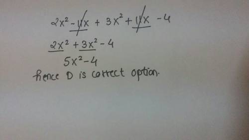 Add &  simplify. (2x²-11x)+(3x²+11x-4) a. 5x^4-4 b. 6x²-11x-4 c. 5x²-x-4 d. 5x²-4
