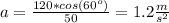 a = \frac{120*cos(60^o)}{50}  = 1.2 \frac{m}{s^2}