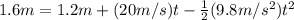 1.6m=1.2m+(20m/s)t-\frac{1}{2}(9.8m/s^2)t^2