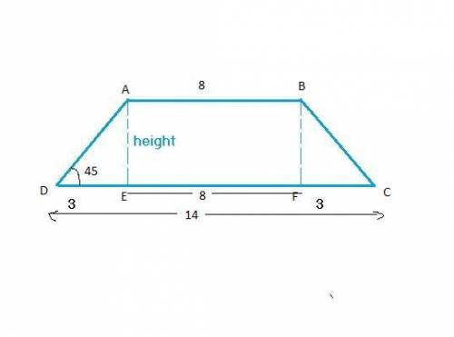 An isosceles trapezoid has base angles of 45° and bases of lengths 8 and 14. the area of the trapezo