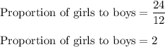 \text{Proportion of girls to boys}=\dfrac{24}{12}\\\\\text{Proportion of girls to boys}=2