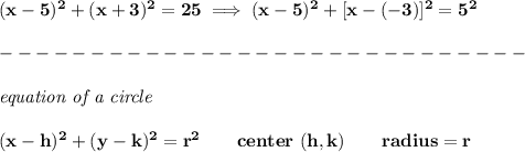 \bf (x-5)^2+(x+3)^2=25\implies (x-5)^2+[x-(-3)]^2=5^2\\\\&#10;-----------------------------\\\\&#10;\textit{equation of a circle}\\\\&#10;(x-{{ h}})^2+(y-{{ k}})^2={{ r}}^2&#10;\qquad center\ ({{ h}},{{ k}})\qquad&#10;radius={{ r}}