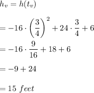 h_v=h(t_v)\\ \\=-16\cdot \left(\dfrac{3}{4}\right)^2+24\cdot \dfrac{3}{4}+6\\ \\=-16\cdot \dfrac{9}{16}+18+6\\ \\=-9+24\\ \\=15\ feet