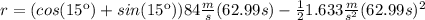 r=(cos(15\º)+sin(15\º))84\frac{m}{s}(62.99s)-\frac{1}{2}1.633\frac{m}{s^{2}}}(62.99s)^{2}