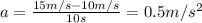 a=\frac{15 m/s-10 m/s}{10 s}=0.5 m/s^2