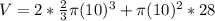 V=2*\frac{2}{3}\pi (10)^3 +\pi (10)^2 *28