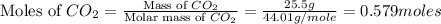 \text{Moles of }CO_2=\frac{\text{Mass of }CO_2}{\text{Molar mass of }CO_2}=\frac{25.5g}{44.01g/mole}=0.579moles