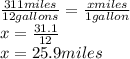 \frac{311 miles}{12 gallons} = \frac{x miles}{1 gallon}  \\ x= \frac{31.1}{12}  \\ x=25.9 miles