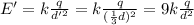 E' = k \frac{q}{d'^2}=k \frac{q}{(\frac{1}{3}d)^2}=9 k \frac{q}{d^2}