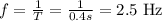 f= \frac{1}{T}= \frac{1}{0.4 s}= 2.5 \text{ Hz}