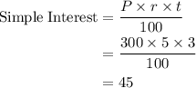 \begin{aligned}\rm{Simple\; Interest}&=\dfrac{P \times r \times t}{100}\\&=\dfrac{300 \times 5 \times 3}{100}\\&=45 \end{aligned}