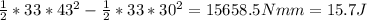 \frac{1}{2}*33*43^{2} - \frac{1}{2}*33*30^{2} = 15658.5 N mm = 15.7J