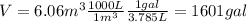 V=6.06m^3\frac{1000L}{1m^3} \frac{1gal}{3.785L} =1601gal