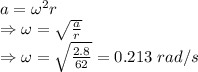 a=\omega^2 r\\\Rightarrow \omega=\sqrt{\frac{a}{r}}\\\Rightarrow \omega=\sqrt{\frac{2.8}{62}}=0.213\ rad/s