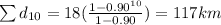 \sum d_{10}= 18(\frac{1-0.90^{10}}{1-0.90})=117 km