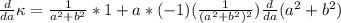 \frac{d}{da} \kappa = \frac{1}{a^2 + b^2} * 1 + a * (-1)  (\frac{1}{(a^2 + b^2)^2} ) \frac{d}{da}  (a^2+b^2)