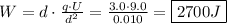 W=d\cdot\frac{q\cdot U}{d^2}=\frac{3.0\cdot9.0}{0.010}=\boxed{2700 J}
