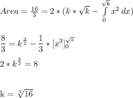Area= \frac{16}{3}=2*( k*\sqrt{k}- \int\limits^{\sqrt{k}}_{0} {x^2} \, dx )\\\\&#10;&#10; \dfrac{8}{3}=k ^\frac{3}{2}- \frac{1}{3}* [x^3]^{\sqrt{^k}}_0\\\\&#10;2* k ^\frac{3}{2}=8\\\\&#10;&#10;k = \sqrt[3]{16}\\&#10;&#10;&#10;