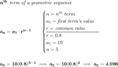 \bf n^{th}\textit{ term of a geometric sequence} \\\\ a_n=a_1\cdot r^{n-1}\qquad \begin{cases} n=n^{th}\ term\\ a_1=\textit{first term's value}\\ r=\textit{common ratio}\\ \cline{1-1} r=0.8\\ a_1=10\\ n=5 \end{cases} \\\\\\ a_5=10(0.8)^{5-1}\implies a_5=10(0.8)^4\implies a_5=4.096
