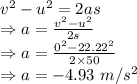 v^2-u^2=2as\\\Rightarrow a=\frac{v^2-u^2}{2s}\\\Rightarrow a=\frac{0^2-22.22^2}{2\times 50}\\\Rightarrow a=-4.93\ m/s^2