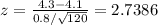 z = \frac{4.3-4.1}{0.8/\sqrt{120}} = 2.7386