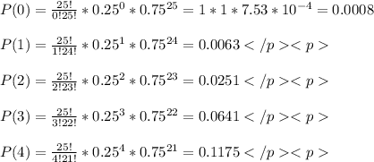 P(0)=\frac{25!}{0!25!}*0.25^0*0.75^{25}=1*1*7.53*10^{-4}=0.0008\\\\P(1)=\frac{25!}{1!24!}*0.25^1*0.75^{24}= 0.0063  \\\\P(2)=\frac{25!}{2!23!}*0.25^2*0.75^{23}= 0.0251  \\\\P(3)=\frac{25!}{3!22!}*0.25^3*0.75^{22}= 0.0641  \\\\P(4)=\frac{25!}{4!21!}*0.25^4*0.75^{21}= 0.1175