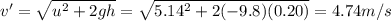 v'=\sqrt{u^2+2gh}=\sqrt{5.14^2+2(-9.8)(0.20)}=4.74 m/s