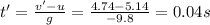 t'=\frac{v'-u}{g}=\frac{4.74-5.14}{-9.8}=0.04s
