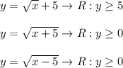 y=\sqrt{x}+5\to R:y\geq5\\\\y=\sqrt{x+5}\to R:y\geq0\\\\y=\sqrt{x-5}\to R:y\geq0