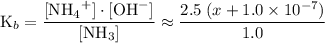 \displaystyle \text{K}_b = \frac{[{\text{NH}_4}^{+}]\cdot [{\text{OH}}^{-}]}{[\text{NH}_3]} \approx \frac{2.5\;(x + 1.0\times 10^{-7})}{1.0}