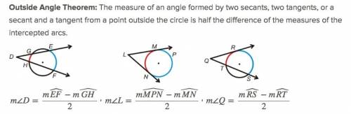 The measure of the angle formed by two lines that intersect outside a circle is _ the measure of the