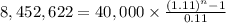 8,452,622 = 40,000 \times \frac{(1.11)^n -1}{0.11}