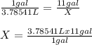 \frac{1 gal}{3.78541 L} = \frac{11 gal}{X}  \\\\X= \frac{3.78541 L x 11 gal}{1 gal}
