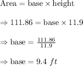 \text{Area}=\text{base}\times\text{height}\\\\\Rightarrow111.86=\text{base}\times11.9\\\\\Rightarrow\text{base}=\frac{111.86}{11.9}\\\\\Rightarrow\text{base}= 9.4\ ft