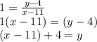 1=\frac{y-4}{x-11}\\1(x-11)=(y-4)\\(x-11)+4 =y