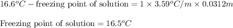 16.6^oC-\text{freezing point of solution}=1\times 3.59^oC/m\times 0.0312m\\\\\text{Freezing point of solution}=16.5^oC