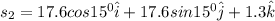 s_2 = 17.6 cos 15^0 \hat{i} + 17.6 sin 15^0 \hat{j} + 1.3 \hat{k}