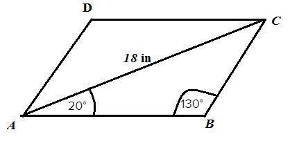 Abcd is a parallelogram. its diagonal, ac, is 18 inches long and forms a 20° angle with the base of