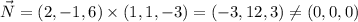\vec{N} = (2,-1,6)\times(1,1,-3) = (-3,12,3) \ne (0,0,0)