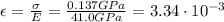 \epsilon=\frac{\sigma}{E}=\frac{0.137 GPa}{41.0 GPa}=3.34\cdot 10^{-3}
