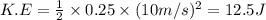 K.E=\frac{1}{2}\times 0.25\times (10m/s)^2=12.5J