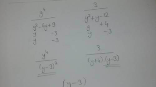 Least common denominator of y^4/y^2-6y+9 and 3/y^2+y-12