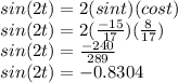 sin(2t)= 2(sint)(cost)\\sin(2t)=2(\frac{-15}{17})(\frac{8}{17})\\  sin(2t)= \frac{-240}{289} \\sin(2t)=-0.8304