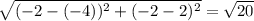 \sqrt{ (-2-(-4))^{2} + (-2-2)^{2} } = \sqrt{20}
