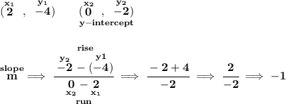 \bf (\stackrel{x_1}{2}~,~\stackrel{y_1}{-4})\qquad \underset{y-intercept}{(\stackrel{x_2}{0}~,~\stackrel{y_2}{-2})} \\\\\\ \stackrel{slope}{m}\implies \cfrac{\stackrel{rise} {\stackrel{y_2}{-2}-\stackrel{y1}{(-4)}}}{\underset{run} {\underset{x_2}{0}-\underset{x_1}{2}}}\implies \cfrac{-2+4}{-2}\implies \cfrac{2}{-2}\implies -1