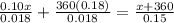 \frac{0.10x}{0.018} + \frac{360(0.18)}{0.018} = \frac{x+360}{0.15}