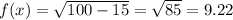 f(x)=\sqrt{100-15}=\sqrt{85} = 9.22
