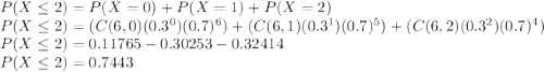 P(X\leq2) = P(X=0) + P(X=1) + P(X=2)\\P(X\leq2) = (C(6,0)(0.3^{0})(0.7)^{6}) + (C(6,1)(0.3^{1})(0.7)^{5}) + (C(6,2)(0.3^{2})(0.7)^{4})\\P(X\leq2) = 0.11765-0.30253-0.32414\\P(X\leq2)=0.7443