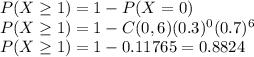 P(X\geq 1)=1-P(X=0)\\P(X\geq 1)= 1-C(0,6)(0.3)^{0}(0.7)^{6} \\P(X\geq 1)= 1-0.11765 = 0.8824