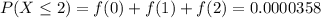 P(X\leq 2)=f(0)+f(1)+f(2)=0.0000358